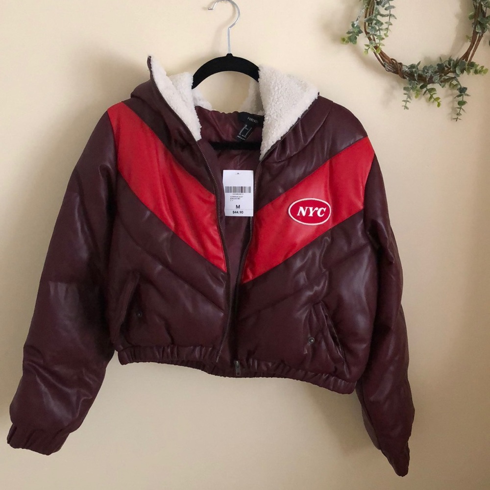 NWT Red Chevron Faux Leather Bomber W/ Sherpa hood